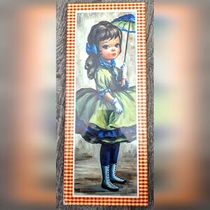 Big Eyed MAIO Lithograph on Cork 60's Wall Hanging Retro Decor Girl With Parasol